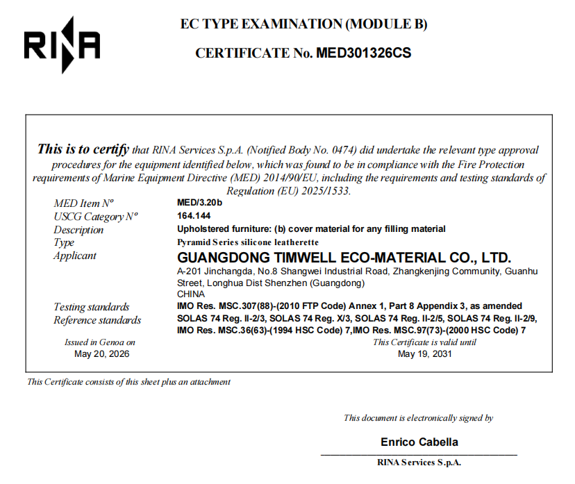 Timwell Silicone Leather Receives RINA MED Certification for Yacht and Marine Upholstery Applications